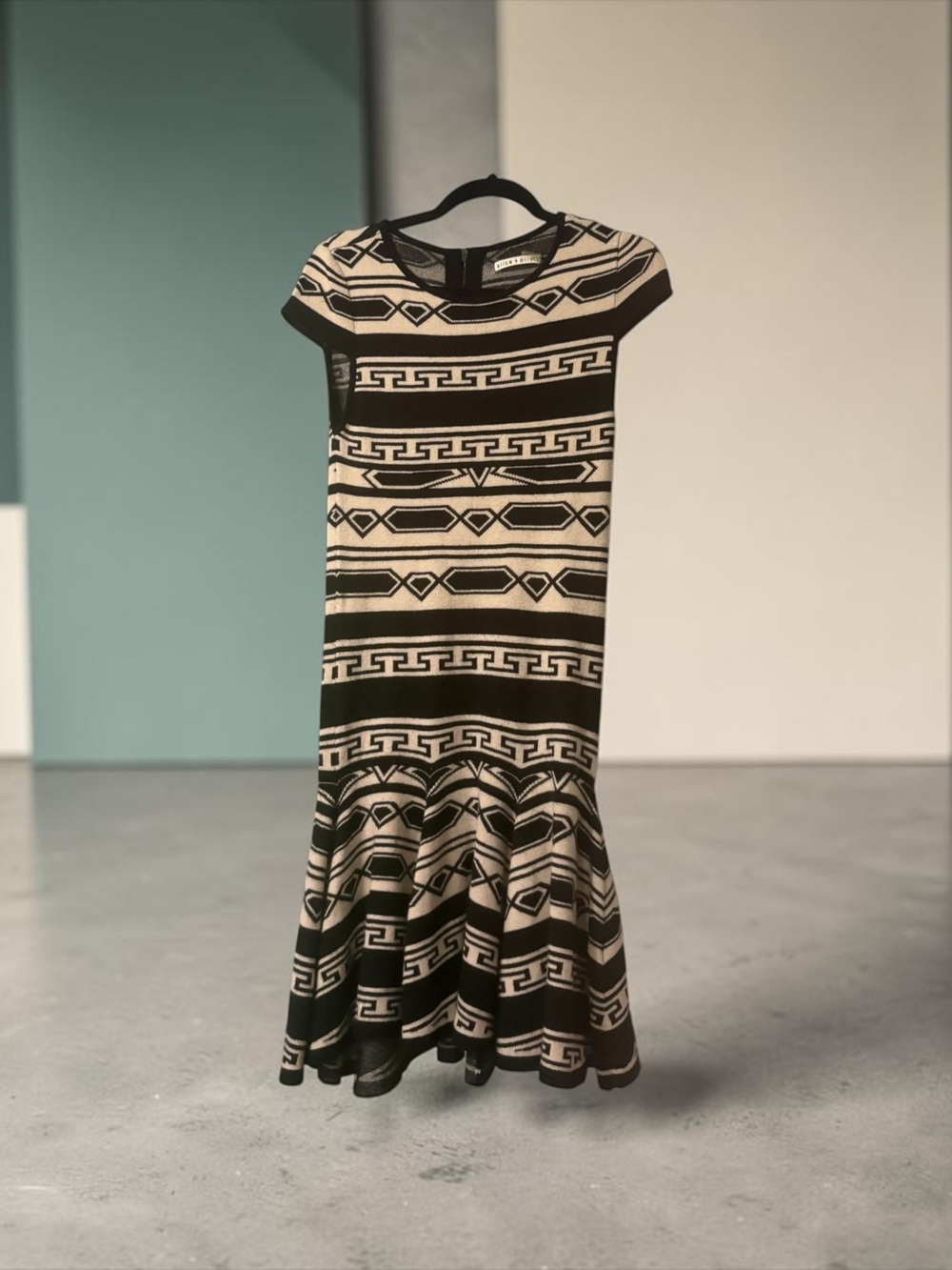 Alice + Olivia Darby Black and Cream geometric drop waist sweater dress